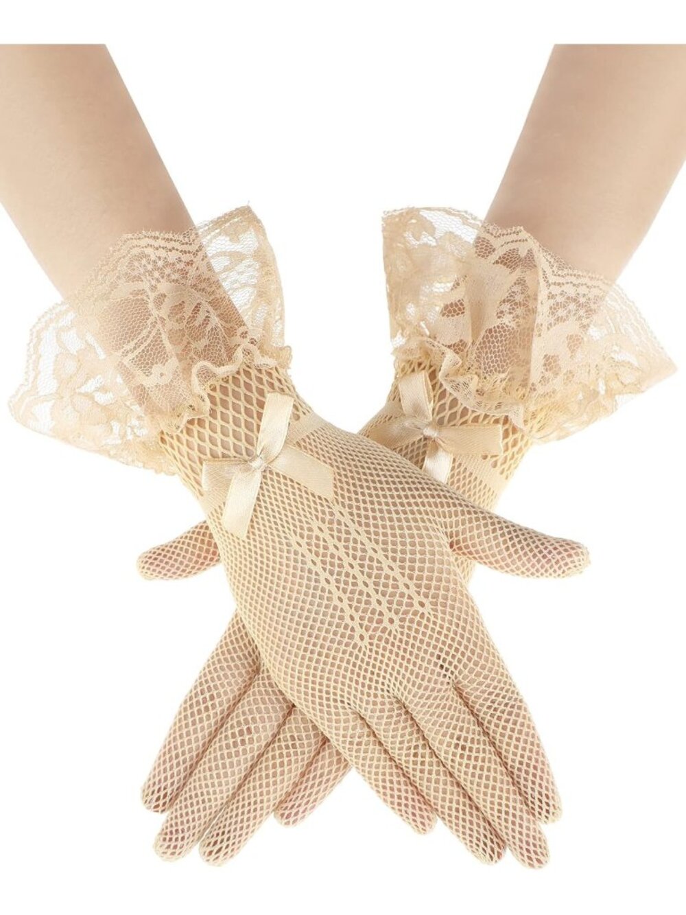 Women Nude Fishnet Diamond Pattern Ruffled Cuff Satin Ribbon Short Lace Gloves